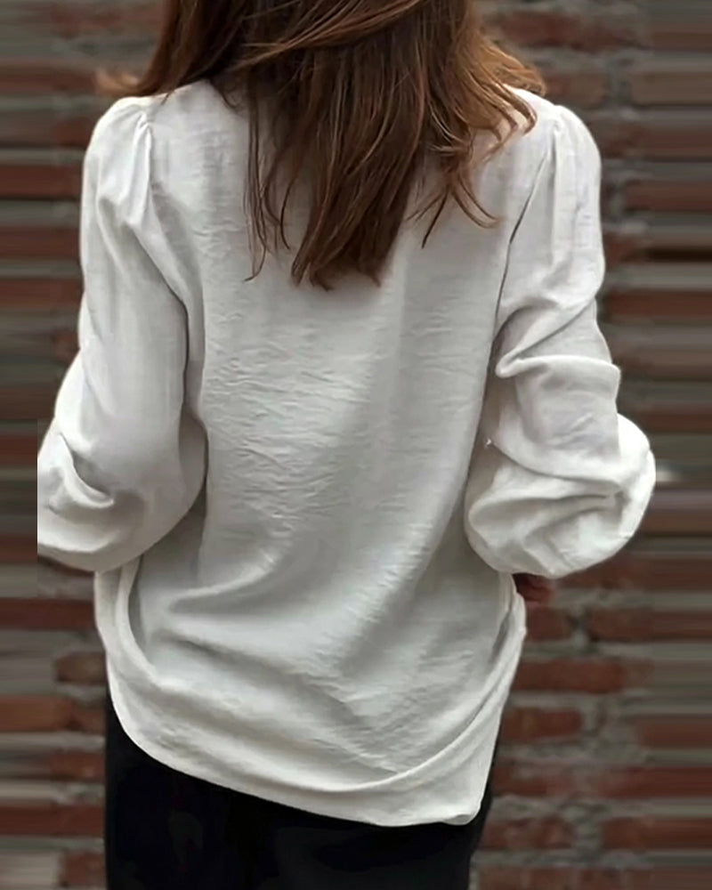 Blouse V-Hals Knoop Voor Ruffle Pofmouw