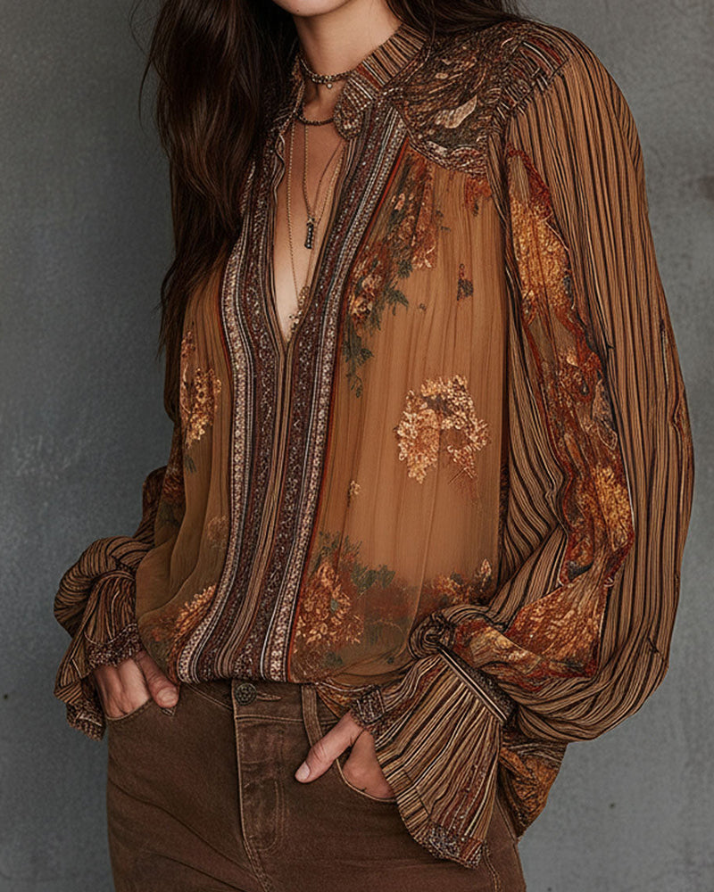 Blouse V-Hals Boho-Stijl Bloemig