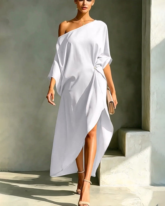 Jurk Off-Shoulder Gerimpeld Onregelmatig Effen