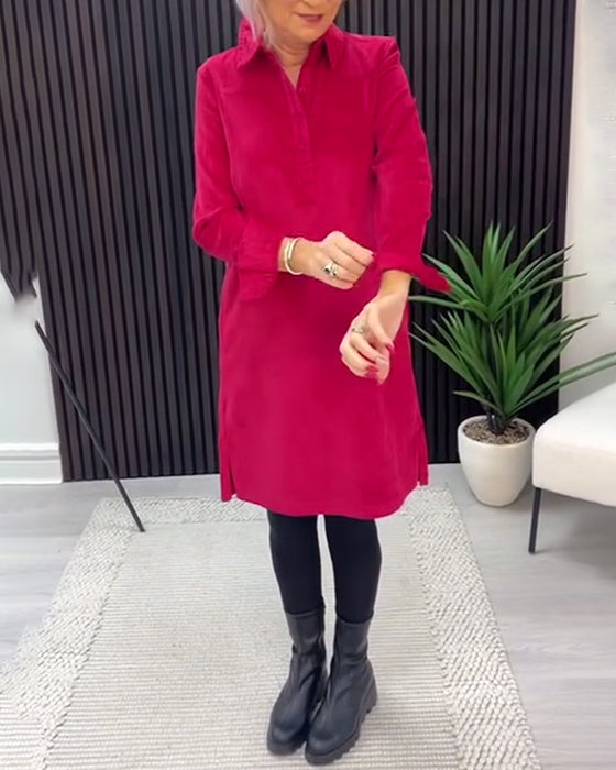 Effen Kleur Langmouwige Jurk Met Revers