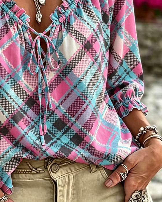 Blouse Ruis Afwerking Strik Voor Geruit