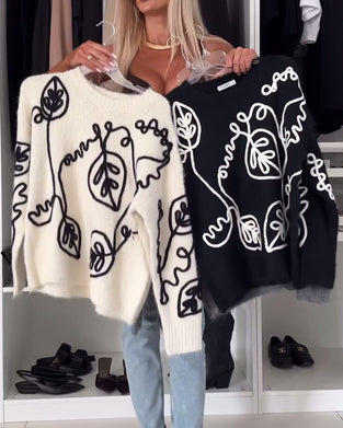 Pullover trui met bladprint en lange mouwen