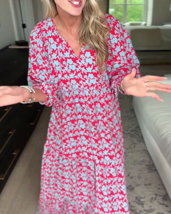 Bloemenjurk met V-hals en lantaarnmouwen