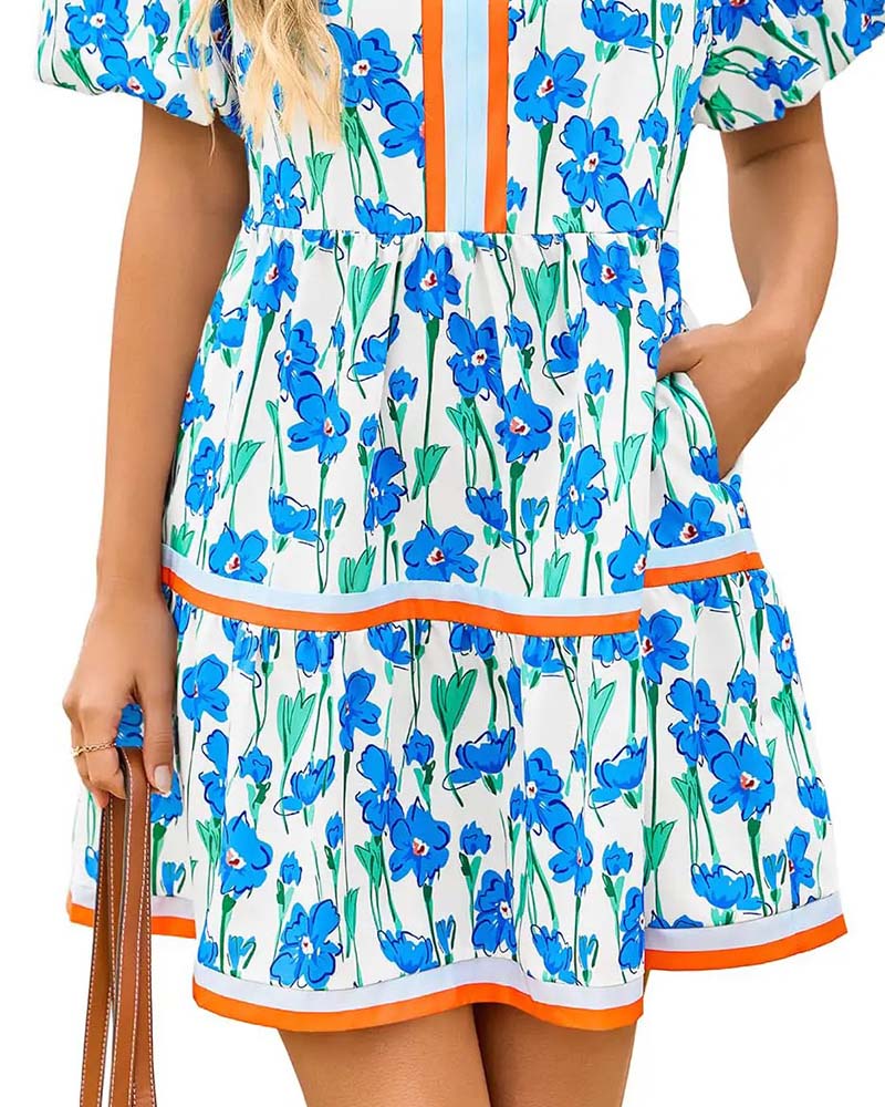 Jurk V-Hals Bloemen Ballon Mouw Patchwork