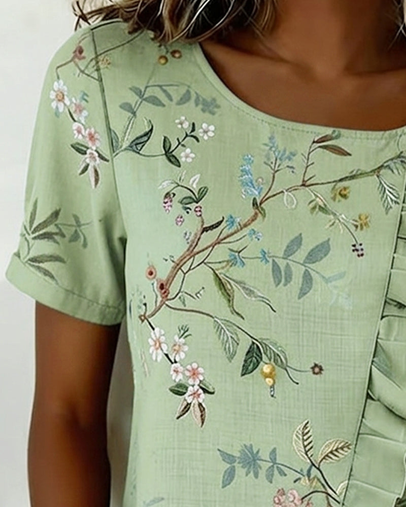 Blouse Ronde Hals Korte Mouw Ruche Bloemen