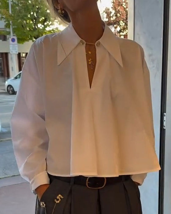 Blouse Reverse V-Hals Geknipt Lange Mouw