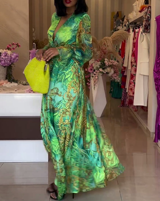 Hoogwaardige jurk met diepe V-taille en print