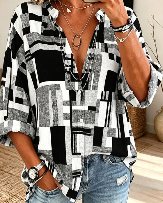 Blouse Geometrische Print V-Hals Relaxed