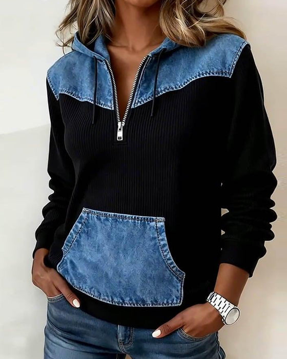 Trui Halfritssluiter Met Capuchon Patchwork Kleurvlak