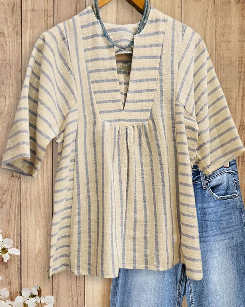 Blouse Streep Textuur Halve Mouw Ontspannen