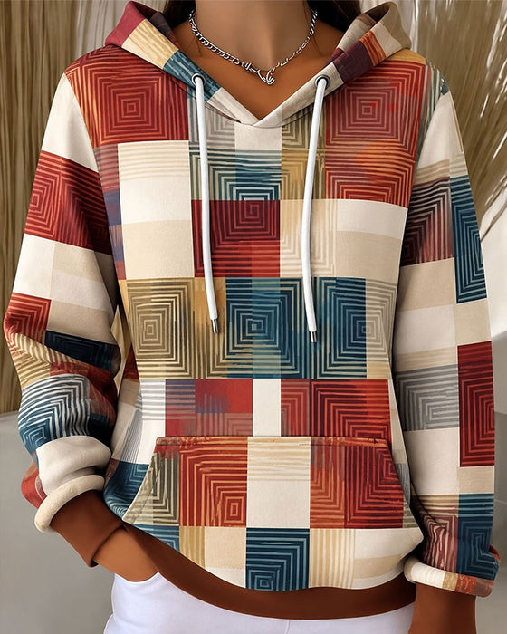 Hoodie Ruit Kleurblok Trekkoord