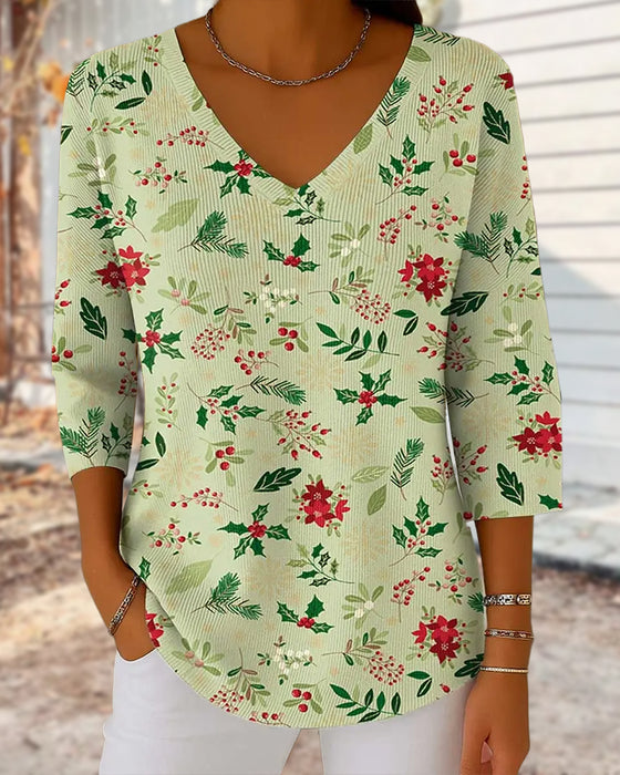 Dames gebreide top met kerstprint, V-hals, 3/4 mouwen, casual stijl en losse passform