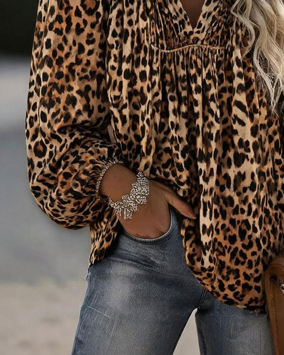 Blouse V-Hals Luipaardprint Gerimpeld Poefmouw