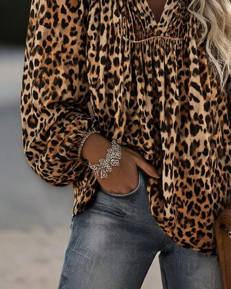 Blouse V-Hals Luipaardprint Gerimpeld Poefmouw