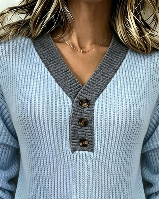 Pullover V-Hals Kleurblok Knoop