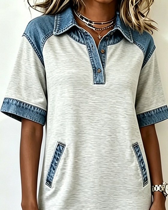 Jurk Overhemdkraag Denim Patchwork Zak
