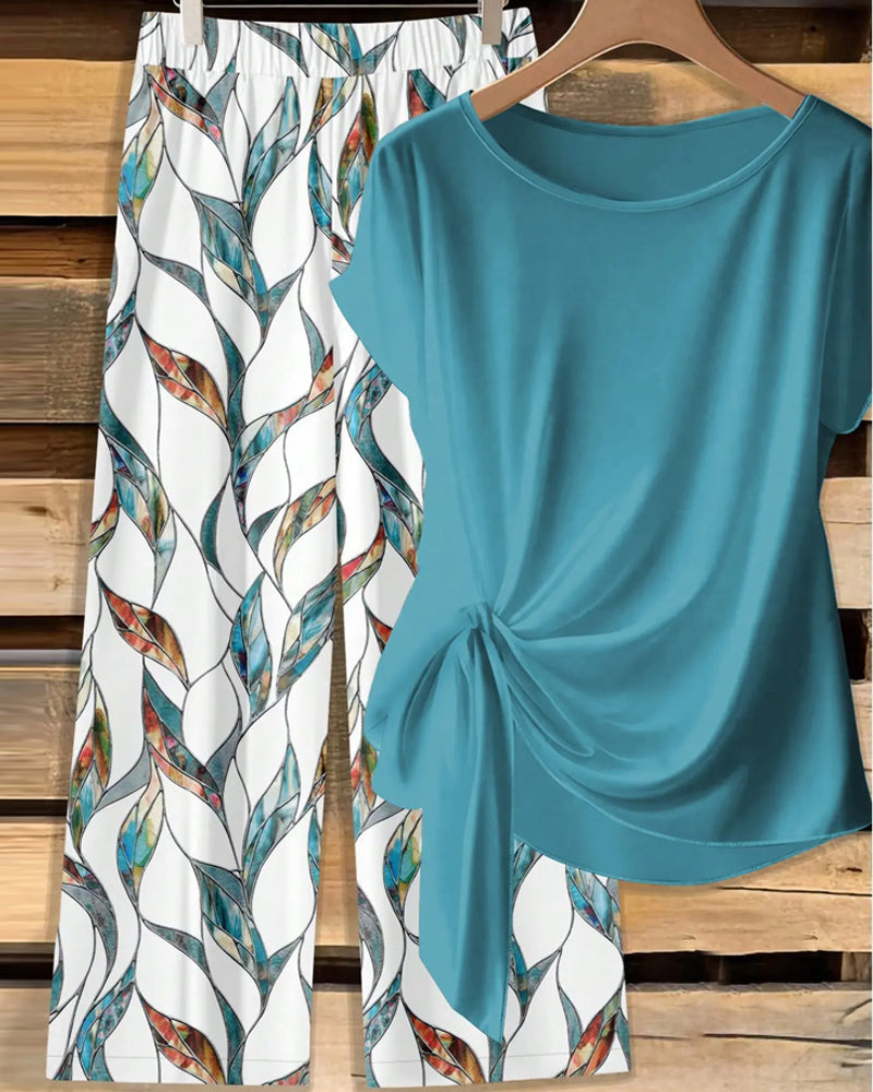 Set Knoop Blouse Print Wijde Been Broek
