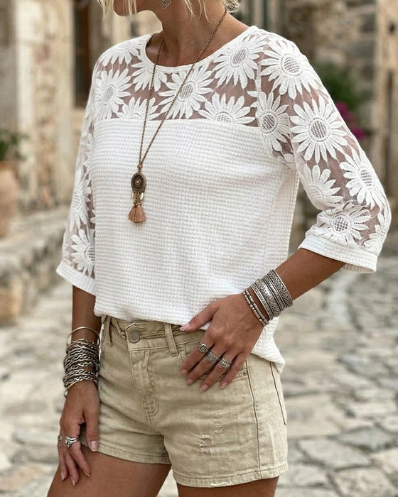T-Shirt Ronde Hals Kant Wafel Patchwork
