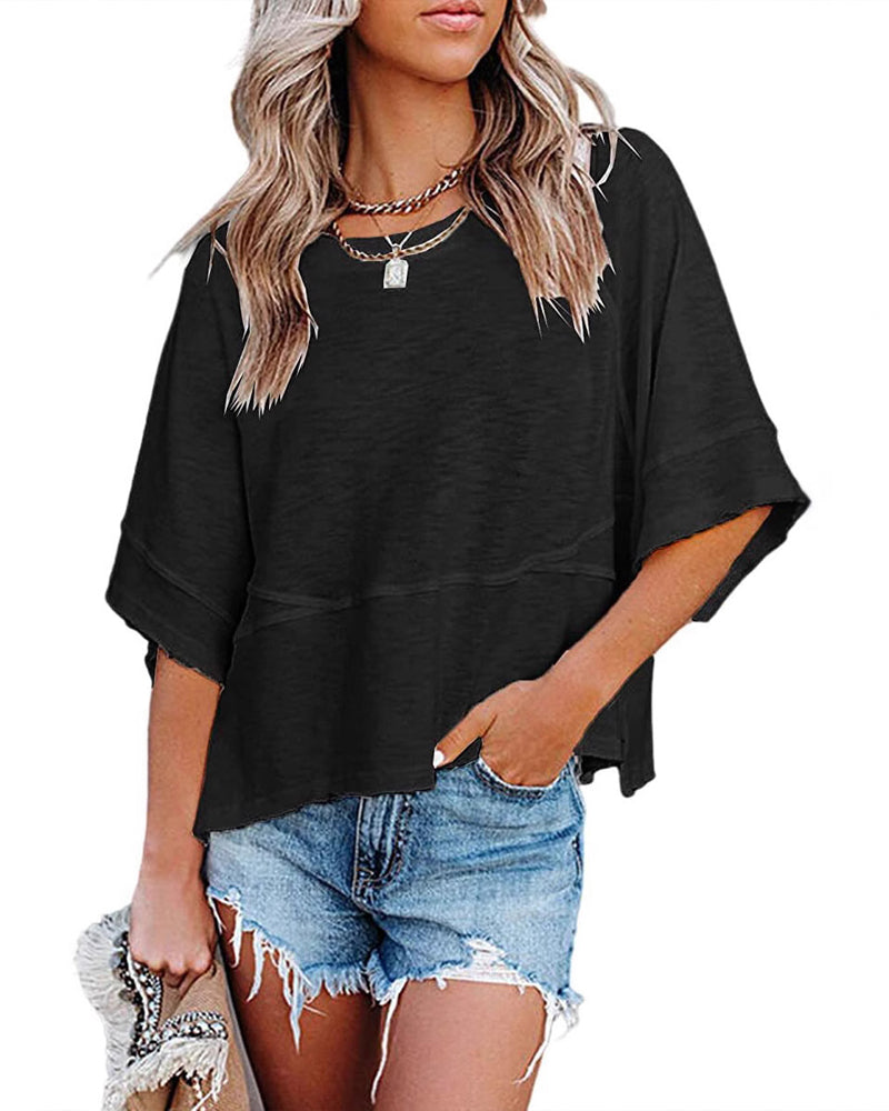 T-Shirt Paneel Effen Kleur Uitlopende Mouw