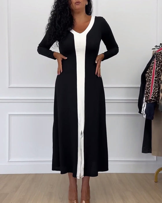 Contrasterende kleur V-hals split elegante jurk