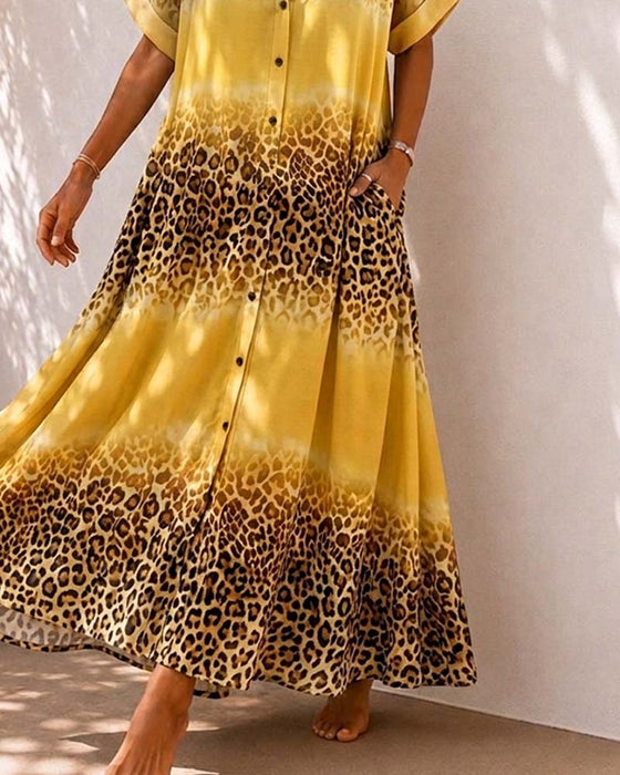 Jurk Kraag Luipaard Print Gradient Overhemd
