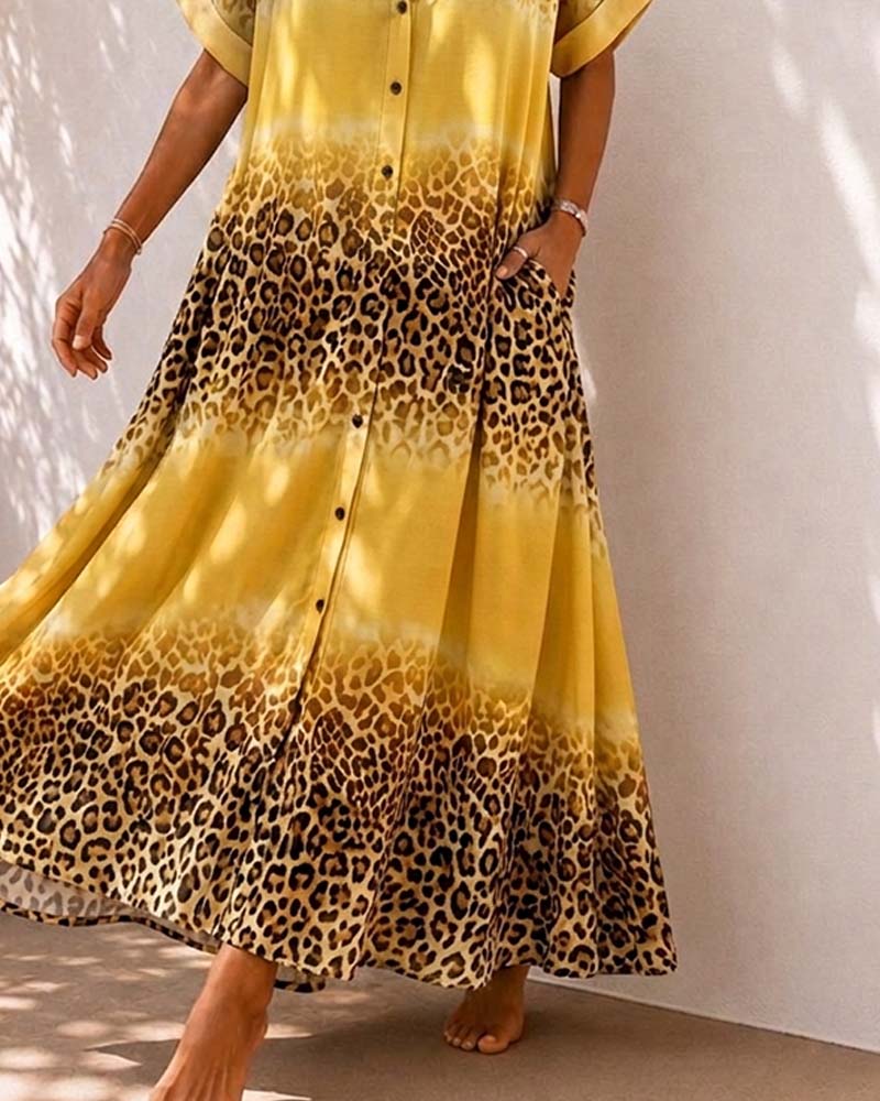 Jurk Kraag Luipaard Print Gradient Overhemd