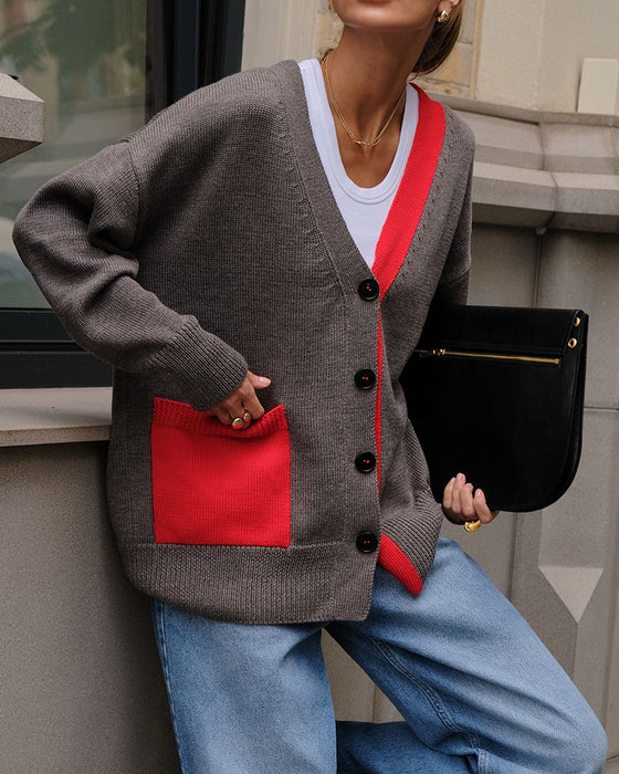 Cardigan Contrast V-Hals Knoopsluiting