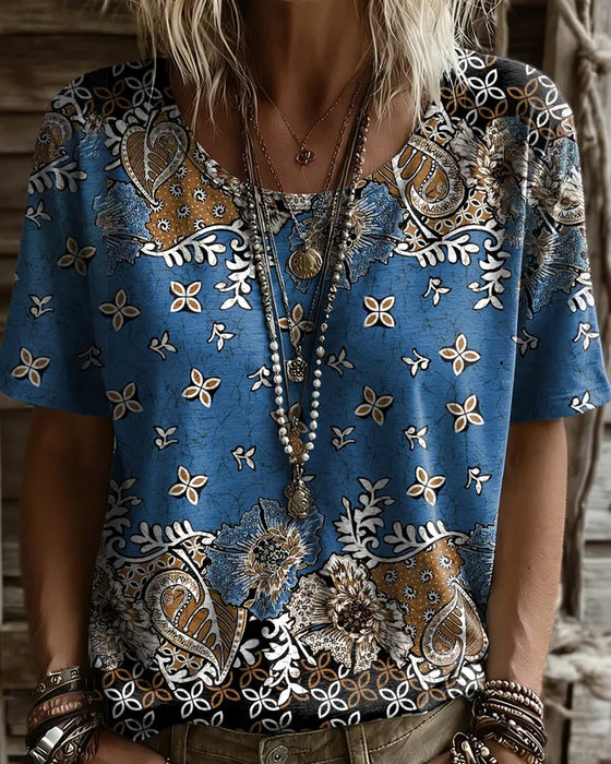 T-Shirt Vintage Bloemen Kleurblok Ronde Hals