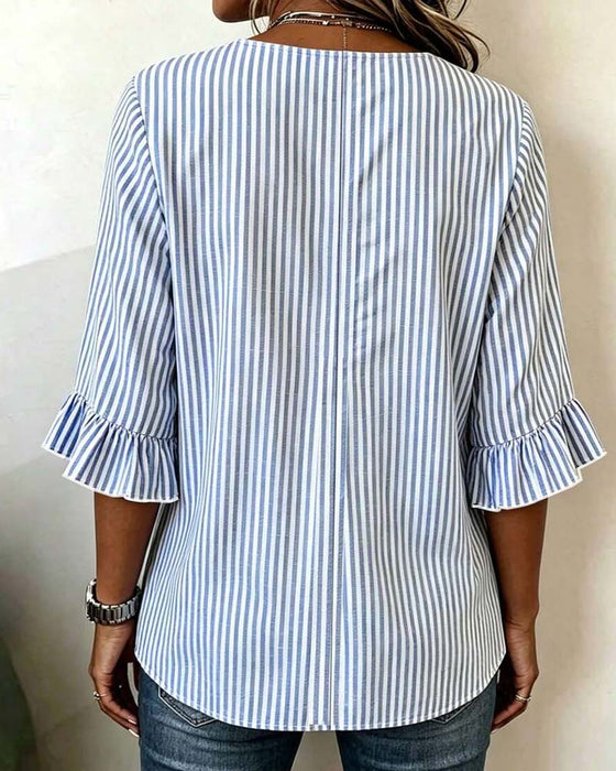Blouse Mini V-Hals Ruffle Streep Knoop