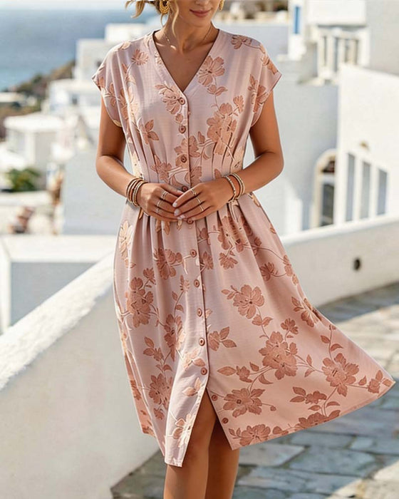 Jurk V-Hals Print Getailleerde Taille Knoopsluiting Voorzijde