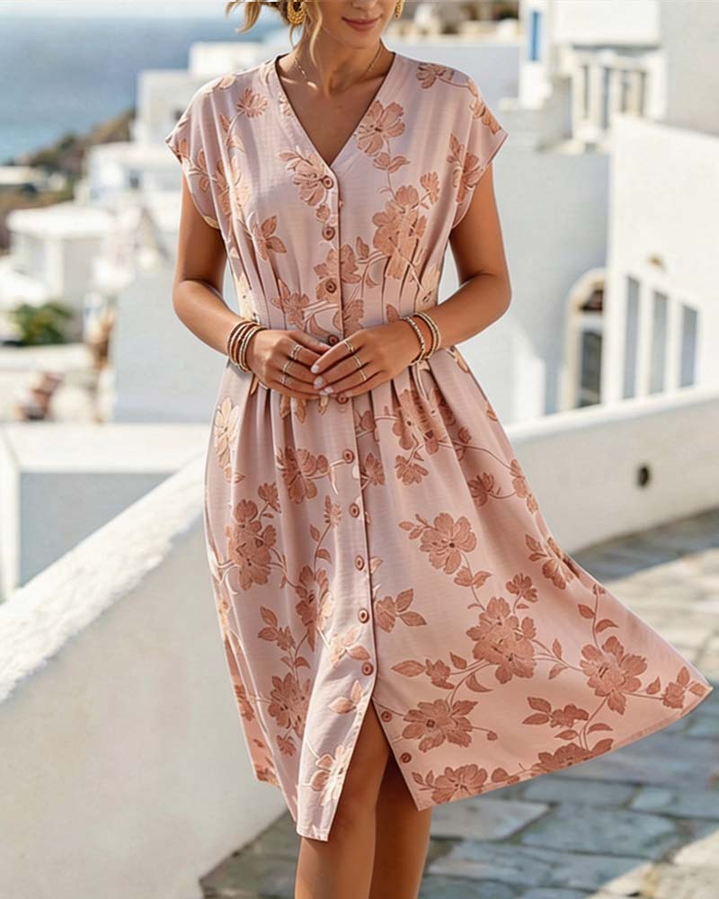 Jurk V-Hals Print Getailleerde Taille Knoopsluiting Voorzijde