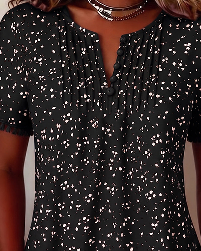Blouse Witte Stip Franje Korte Mouw