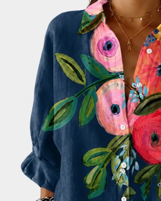 Overhemd Met Lange Mouwen En Bloemenprint In Olieverfstijl