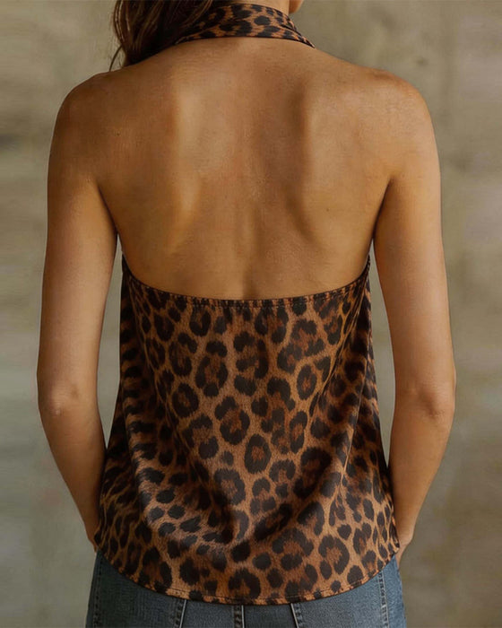 Blouse V-Hals Halter Luipaard Mouwloos