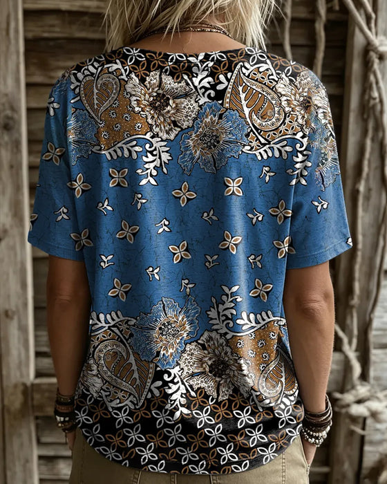 T-Shirt Vintage Bloemen Kleurblok Ronde Hals