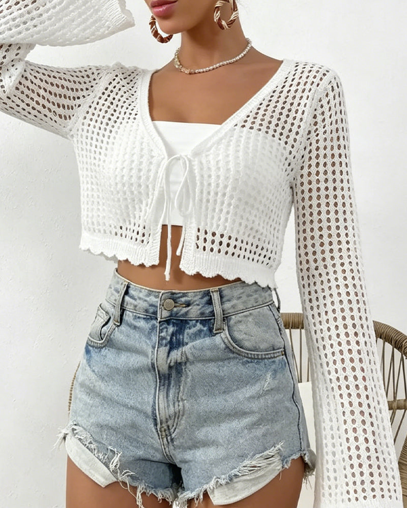 Cardigan Eenvoudig Effen Hol Uit Strand