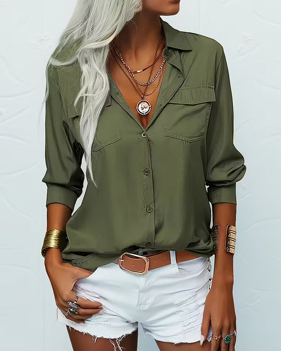 Vrouwen Overhemd Met Dubbele Zak Detail, Eenvoudige Kleur Ontwerp