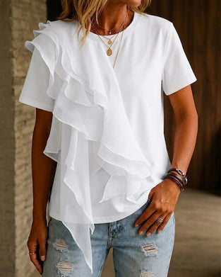 T-Shirt Ronde Hals Ruffle Onregelmatig