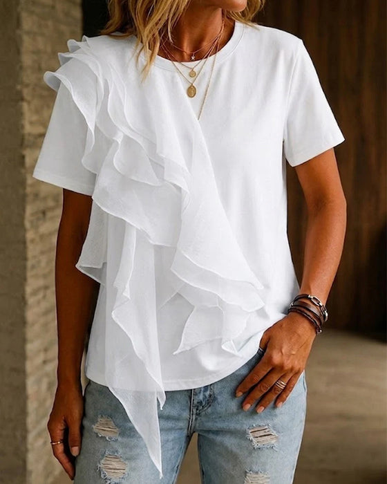 T-Shirt Ronde Hals Ruffle Onregelmatig