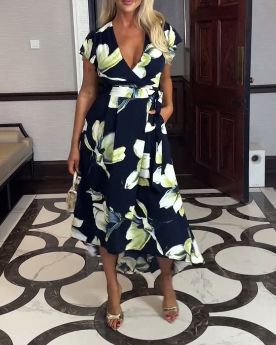 Jurk V-Hals Bloemenprint Taille Kort Mouw