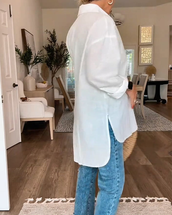 Blouse V-Hals Knoop Effen Kleur Los