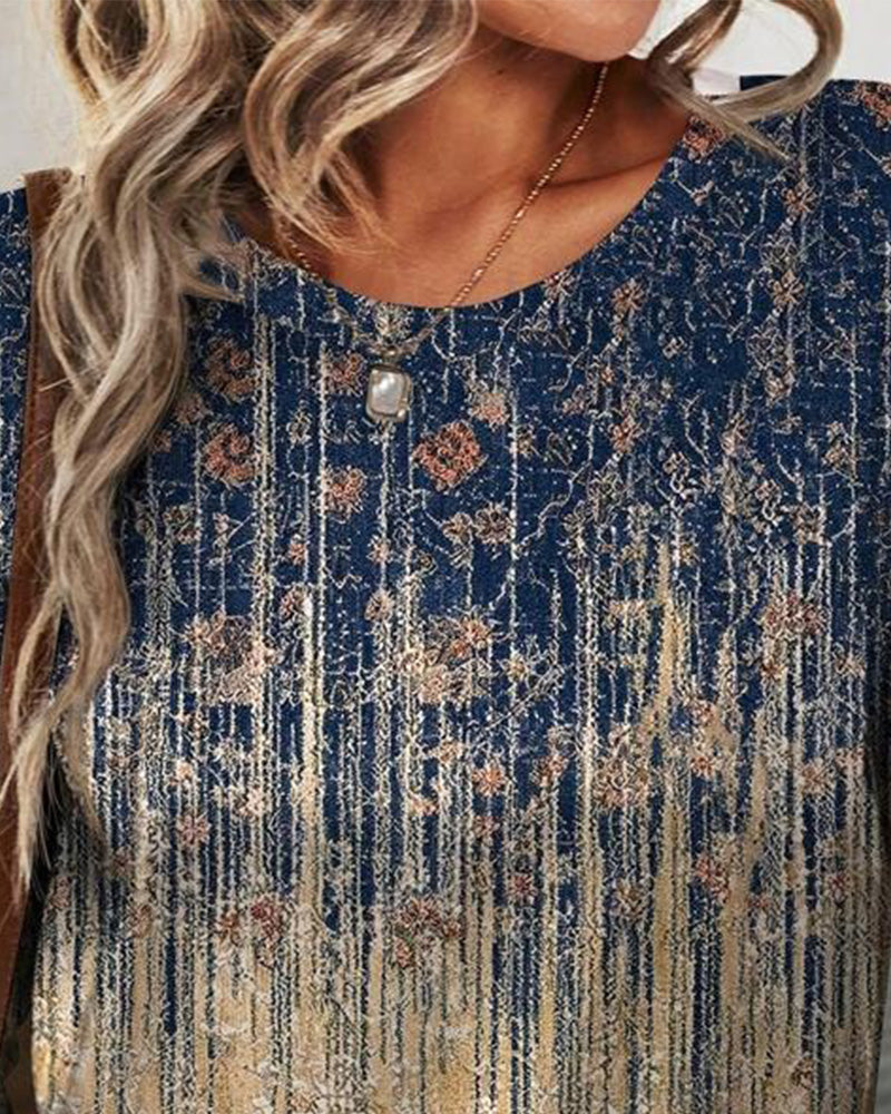 Top Retro Ronde Hals Gedrukt Lange Mouwen