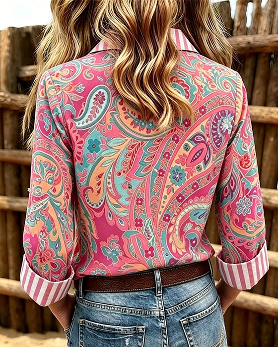 Blouse Patchwork Bloemen Afdruk Casual