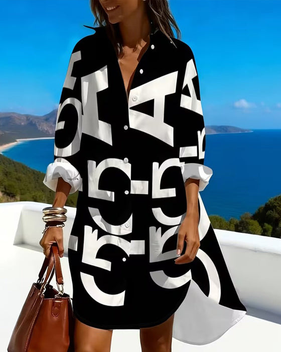 Jurk Letter Print Knoop Lange Mouw