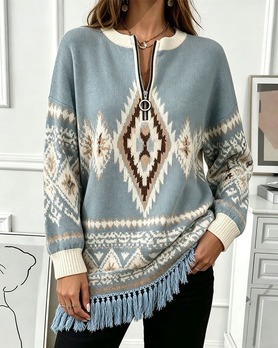 Pullover Geometrisch Jacquard Half-Zip Gerafelde Rand