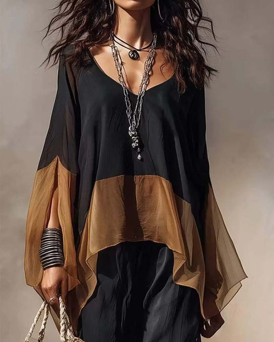 Blouse Contrast Paneel Gedrapeerd V-Hals
