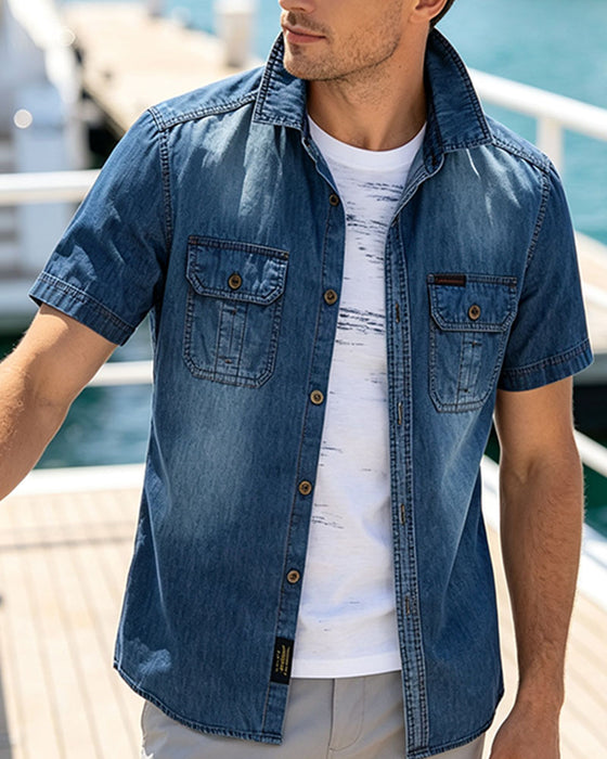 Overhemd Denim Korte Mouw Heren