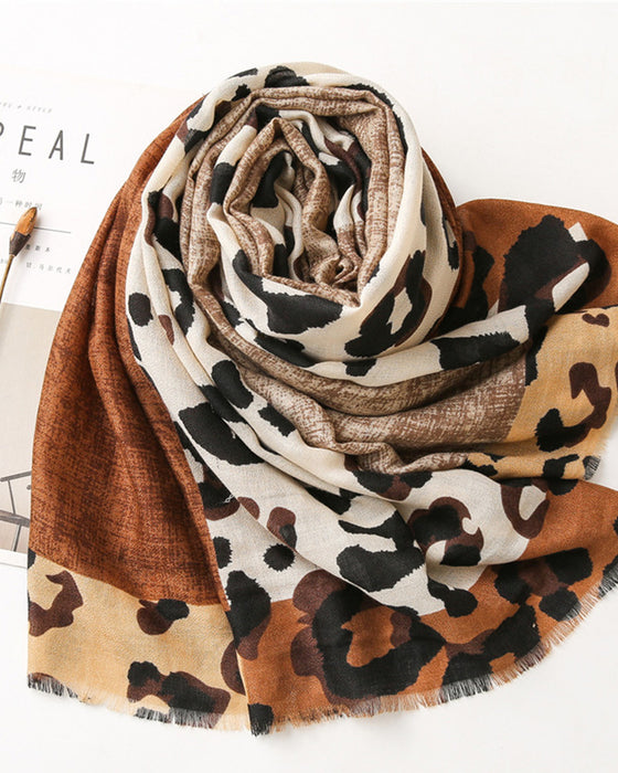 Dames Sjaal Luipaard Patchwork Print Franje Omslagdoek