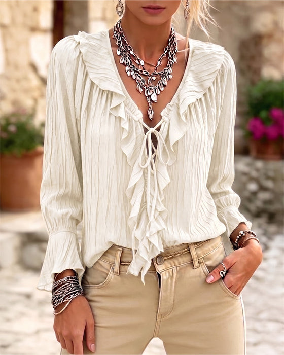 Blouse Ruche Afwerking Vetersluiting Lange Mouw
