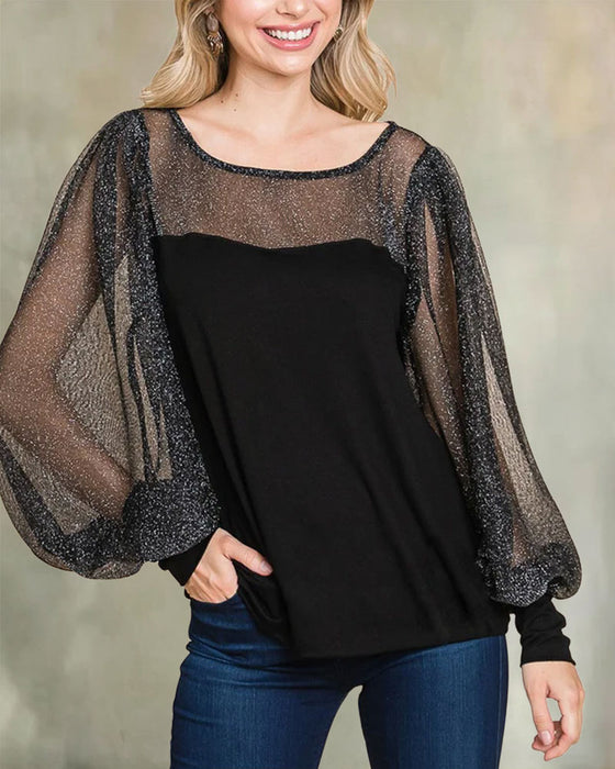Blouse Sheer Pofmouw Paneel Relaxed